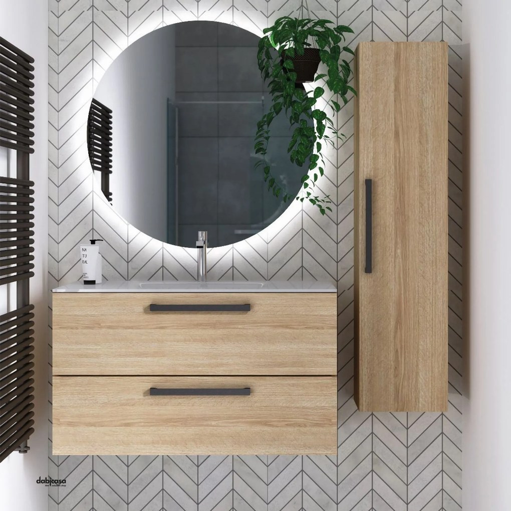 Mobile Bagno Sospeso "Simona" Da 100 Cm Composto Da Due Cassetti Finitura Rovere Americano Con Maniglie Nero Opaco