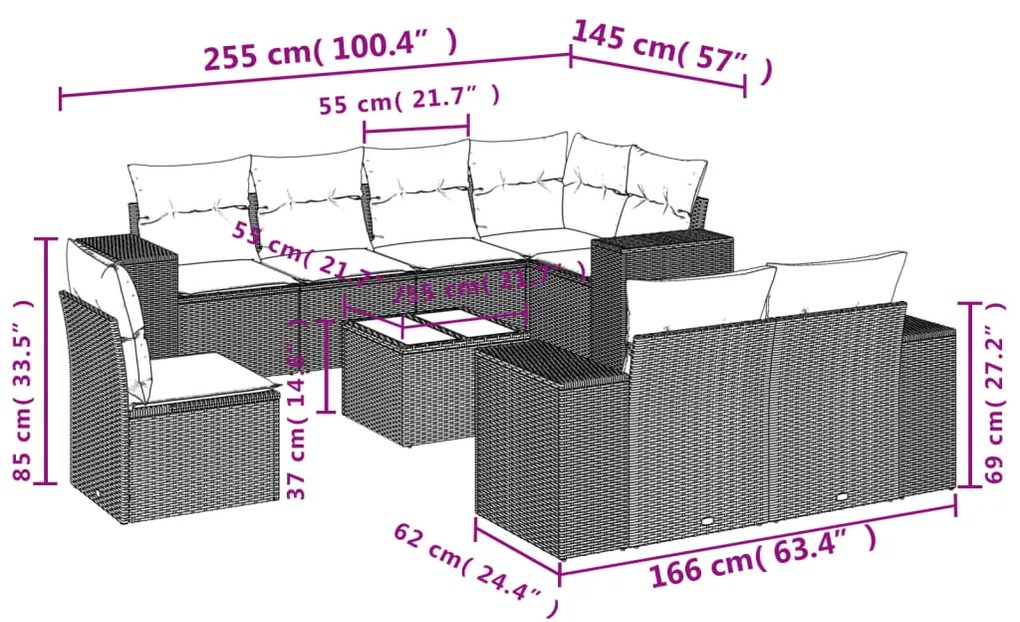 Set divano da giardino 9 pz con cuscini grigio in polyrattan