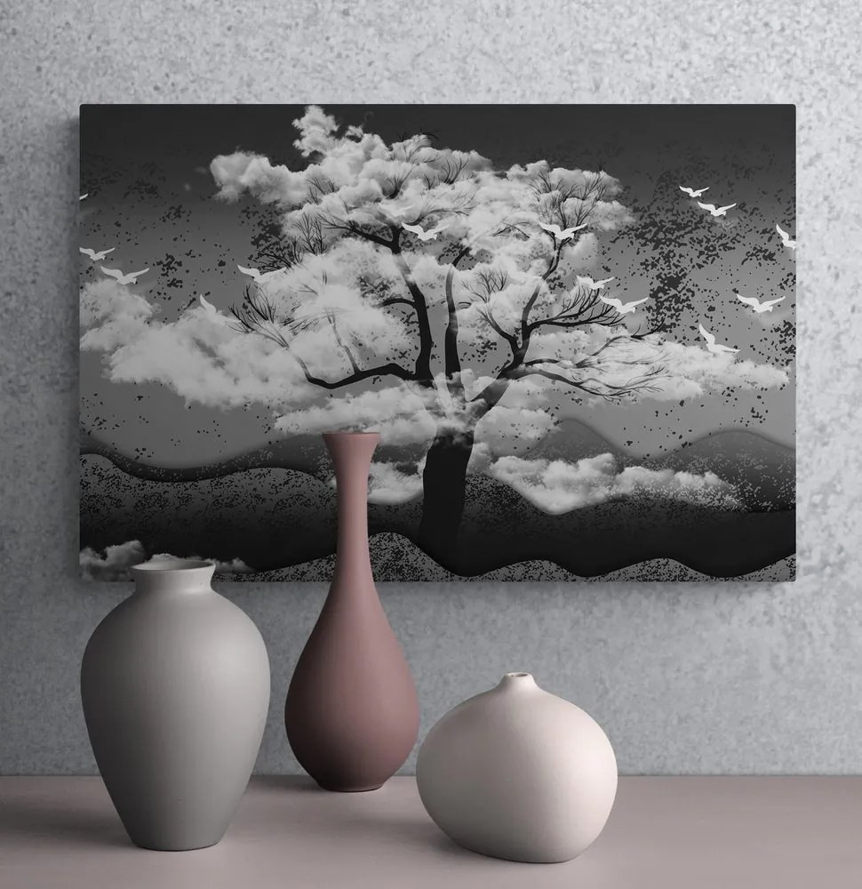 Quadro su tela – Albero in bianco e nero immerso nelle nuvole