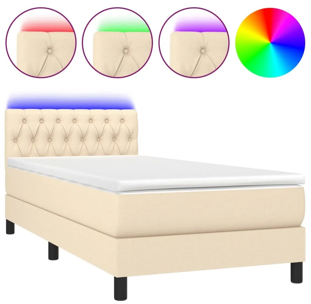 Letto a molle con materasso e led crema 90x190 cm in tessuto