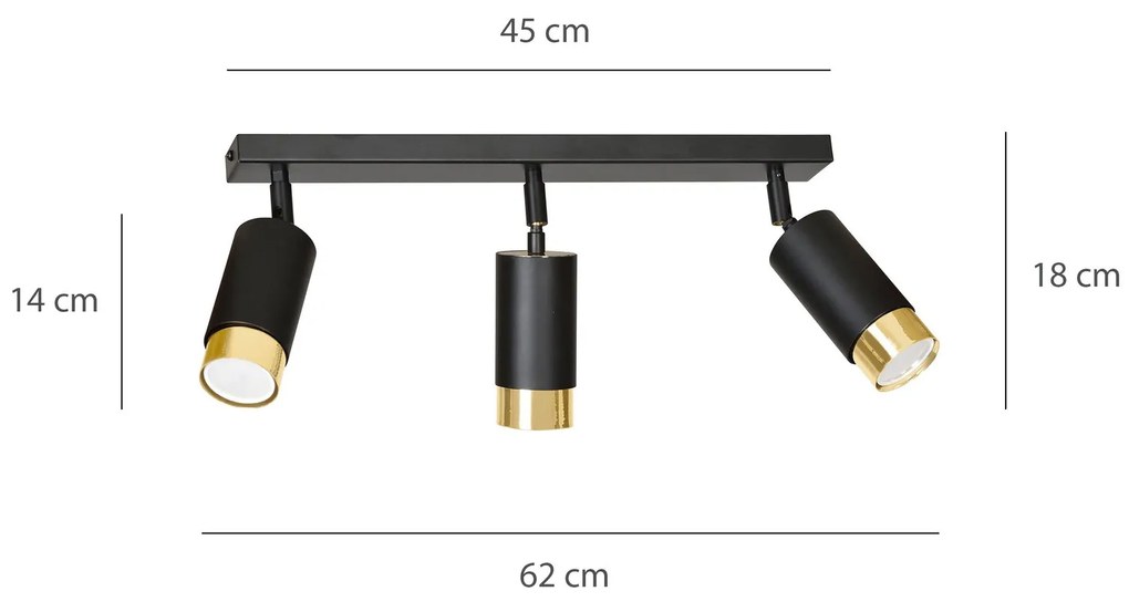 Plafoniera 3 Luci A Faretti Orientabili A Cilindro In Acciaio Nero E Oro