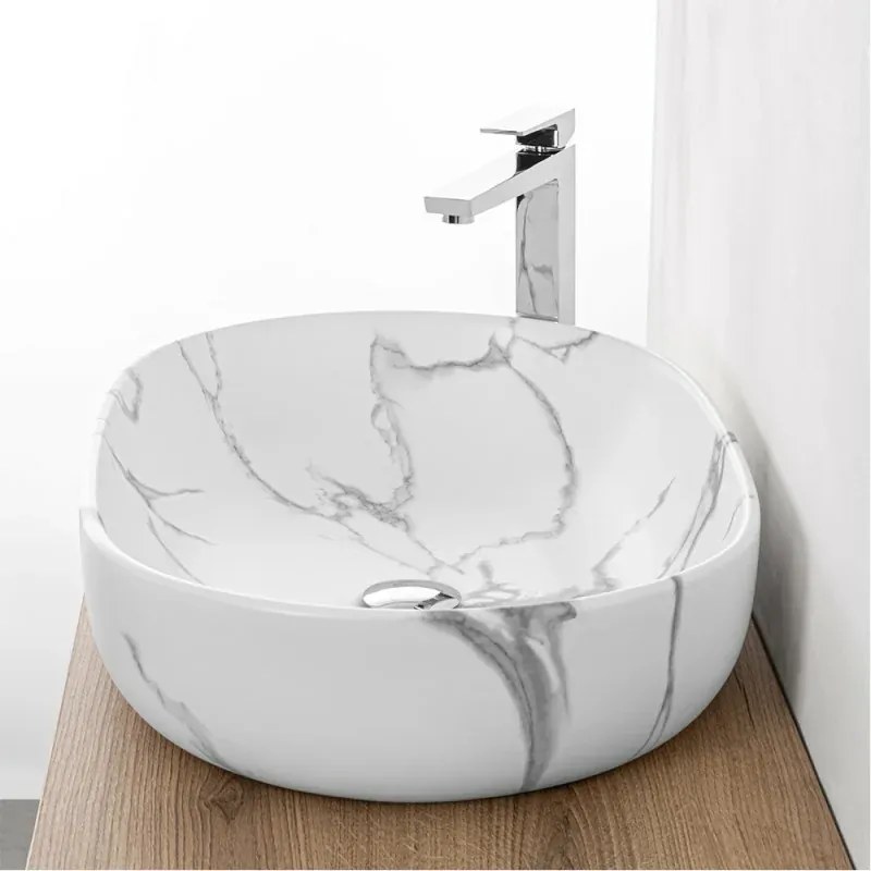 Lavabo da appoggio ovale 60x41 cm effetto marmo bianco Tokyo