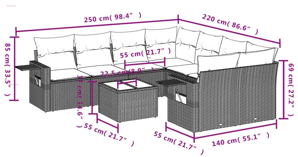 Set Divani da Giardino 9 pz con Cuscini Nero in Polyrattan