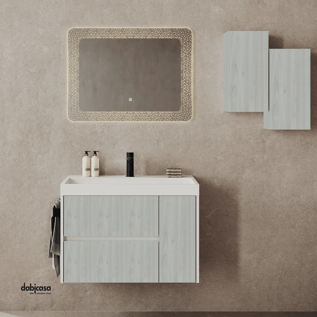 Mobile Bagno Sospeso "Portofino" Da 80 Cm Composto Da Due Cassetti Ed Un'Anta Lavabo E Specchio Finitura Legno Nordico