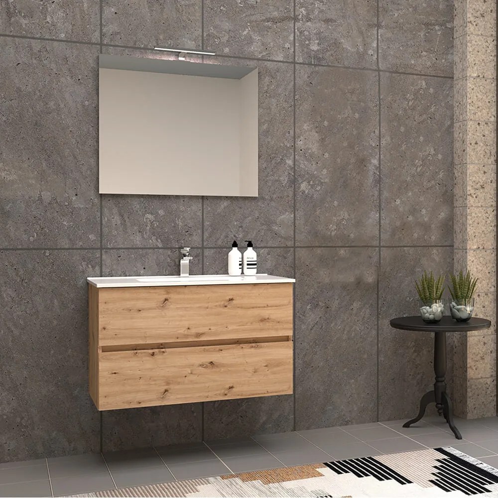 Mobile da bagno rovere nodato 90 cm sospeso Roxy con specchio filo lucido