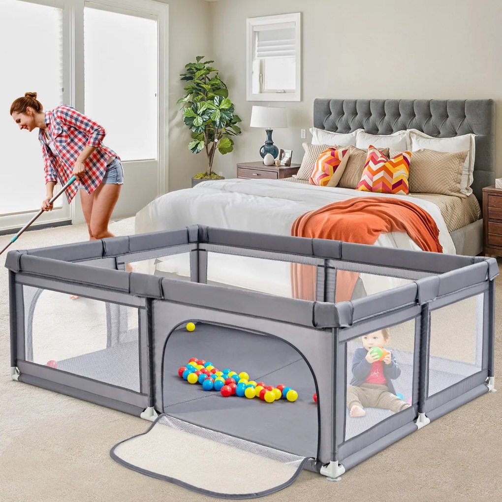 Costway Recinto extra large per neonati e bambini con rete traspirante, Box per bambini per interno ed esterno Grigio scuro