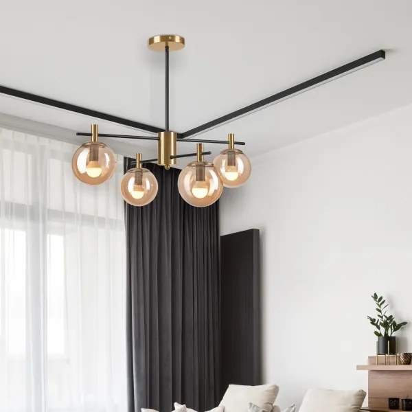 Lampadario a sospensione con supporto rigido LILOU 4xE14/5W/230V oro/nero/fumé beige