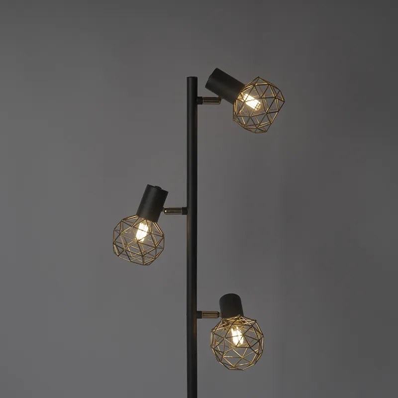 Lampada da terra di design nera con oro 3 luci orientabili - Mesh