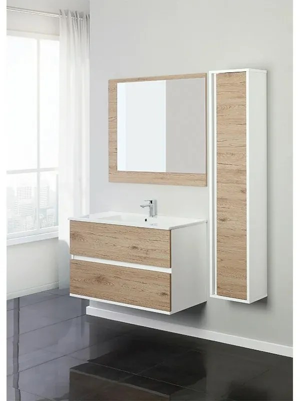 Mobile Bagno Sospeso 90 cm Rovere di Bordeaux in Legno 2 Cassetti