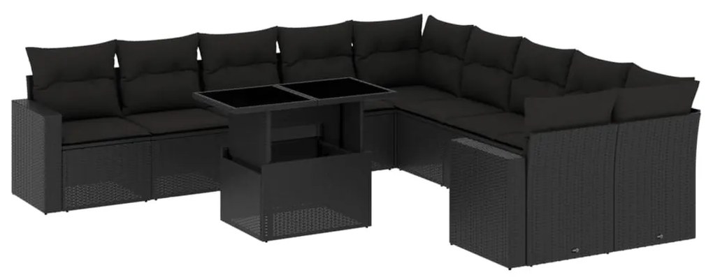 Set divani da giardino 11 pz con cuscini in polyrattan nero