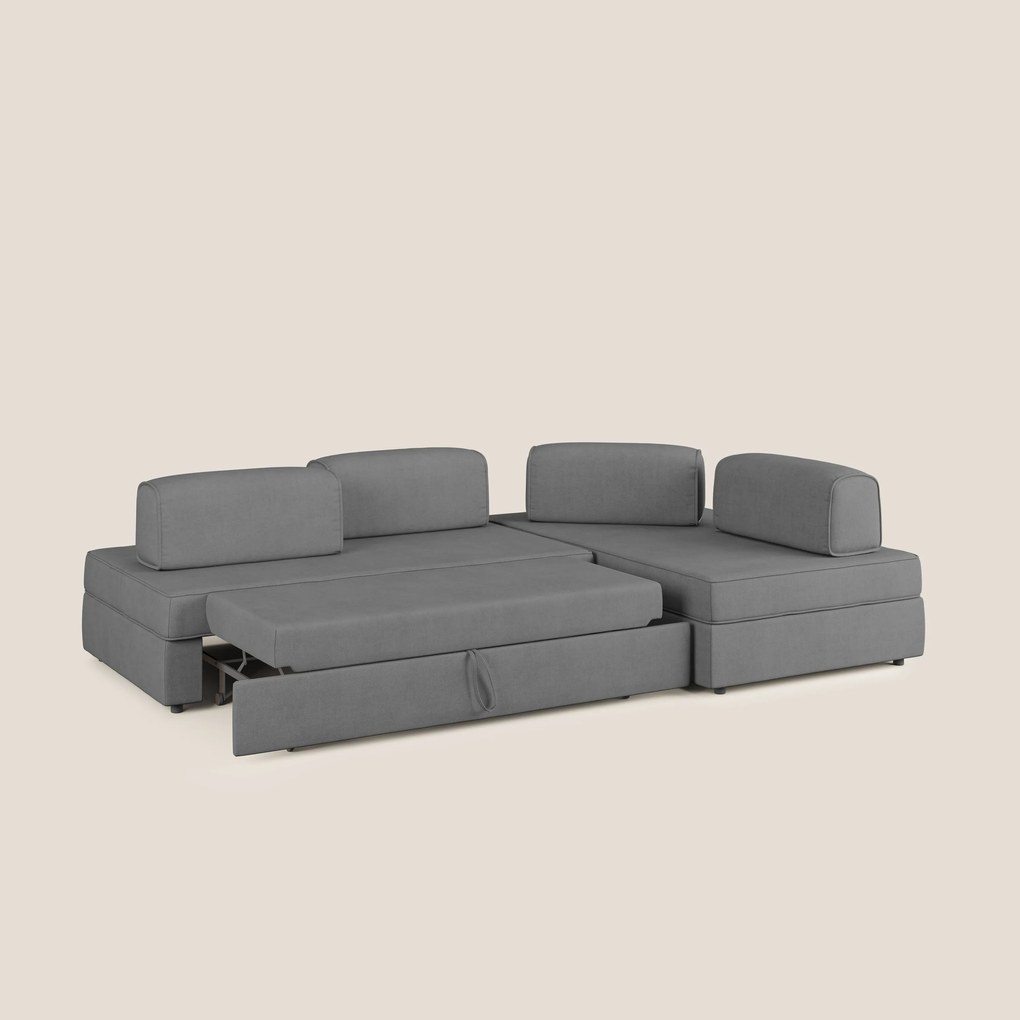 Liberty divano angolare con pouf estraibile e schienali movibili in tessuto morbido impermeabile T02 grigio