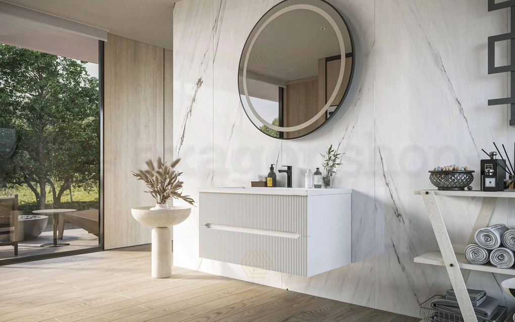 Mobile bagno bianco opaco 90x46 Urbino due cassetti con lavabo in ceramica frontale cannettato