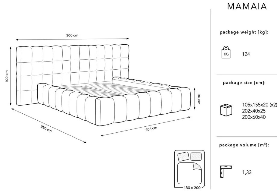 Letto matrimoniale imbottito grigio chiaro con spazio contenitivo e rete 180x200 cm Mamaia - Micadoni Home