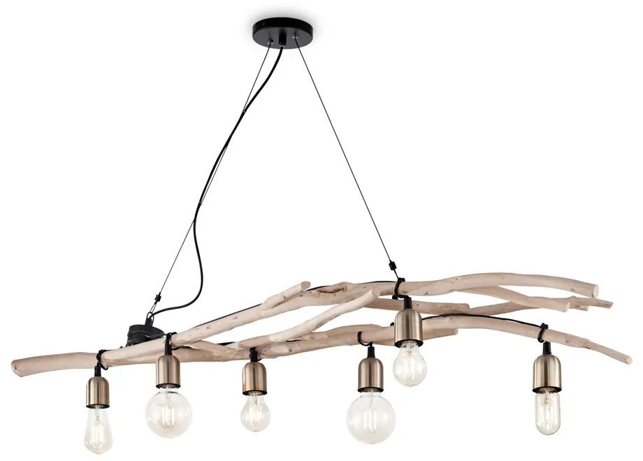 Sospensione Industrial-Minimal Driftwood Legno Marrone 6 Luci E27