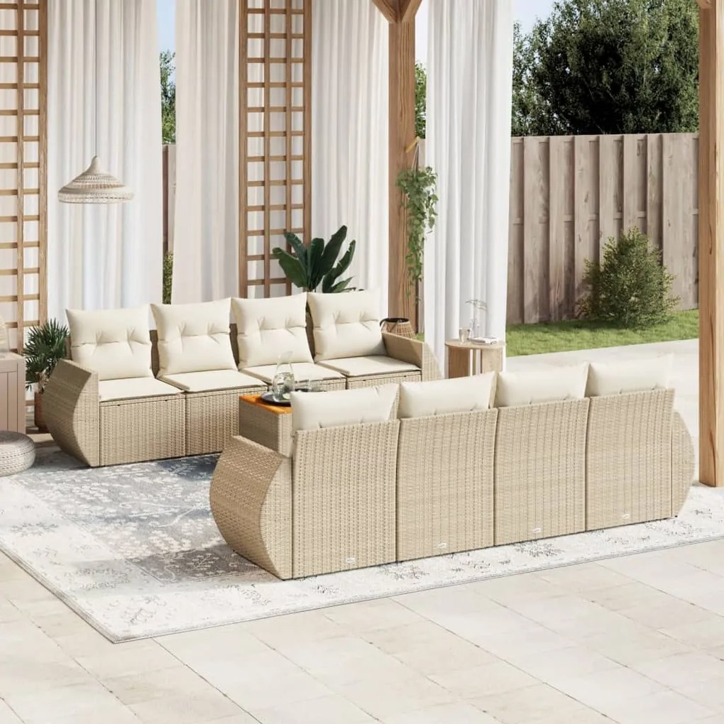 Set divano da giardino 9 pz con cuscini beige in polyrattan