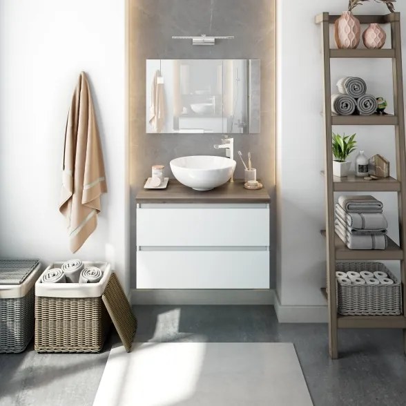 Mobile Da Bagno Sospeso 80 Cm 2 Cassetti Con Lavabo Da Appoggio Tokyo Bianco Lucido