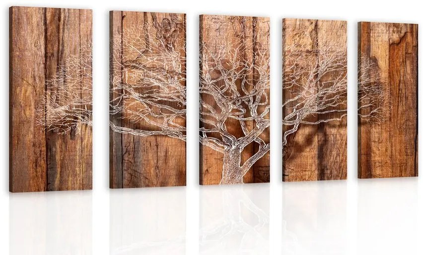 Quadri 5 pezzi – Albero su sfondo di legno