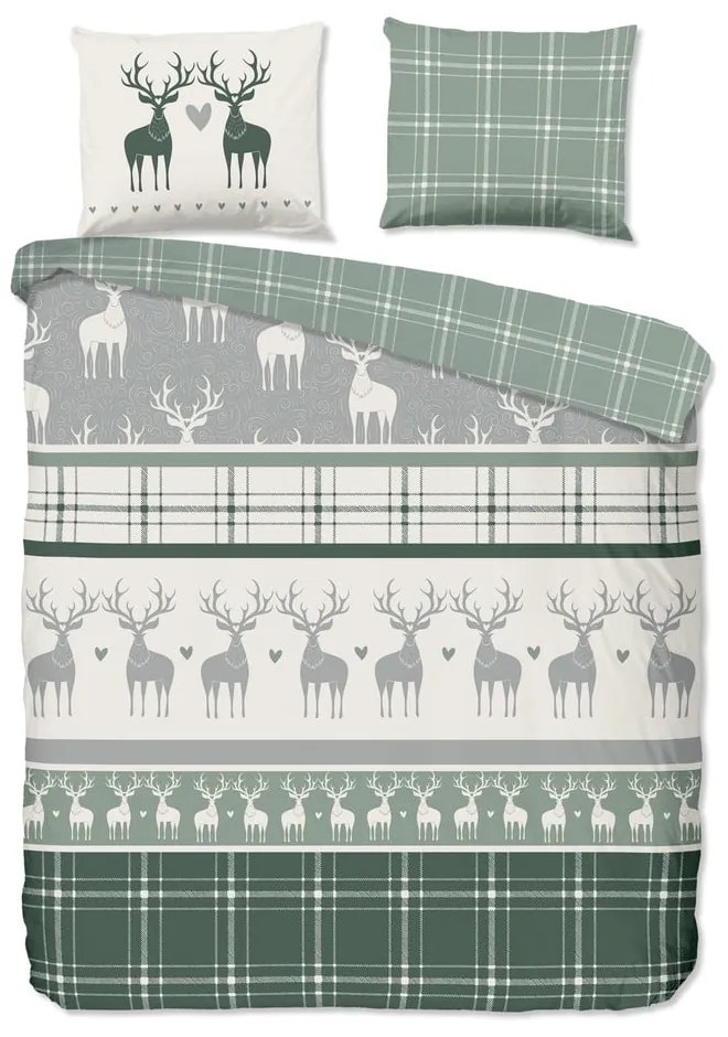 Set lenzuola letto matrimoniale in flanella verde-crema 200x220 cm Bjirk - Good Morning