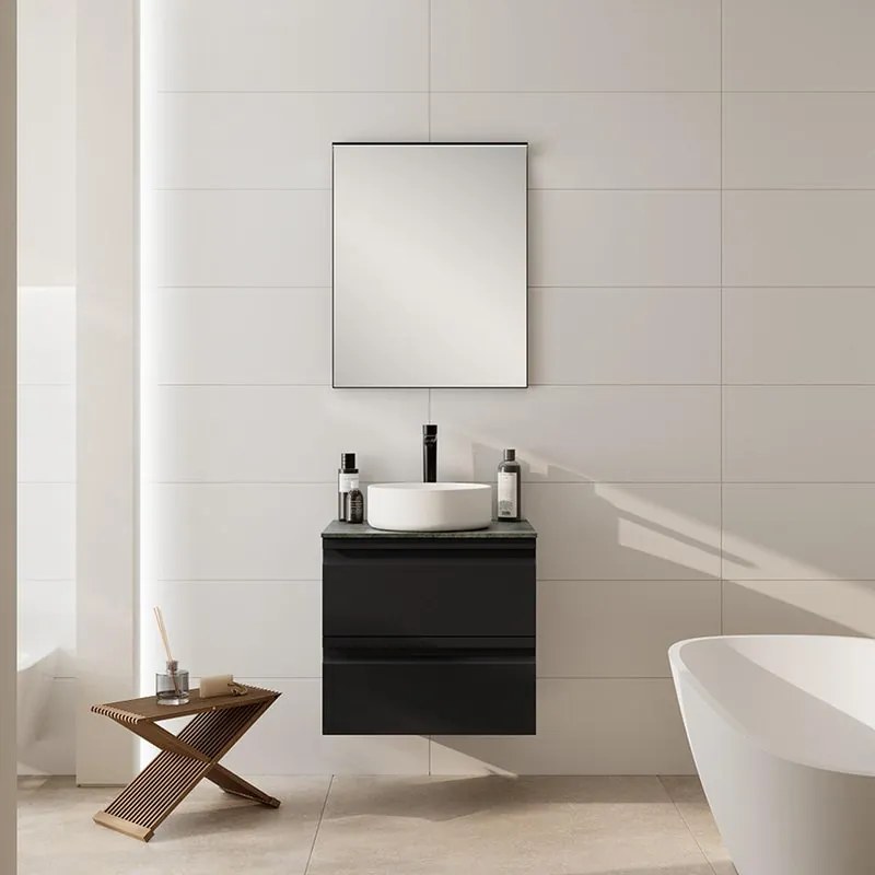 Mobile Pull L60 H55 P45grafite opaco laccato 2 cassetti a chiusura ammortizzata e top gres nero Creta per lavabo in appoggio, piedini non inclusi