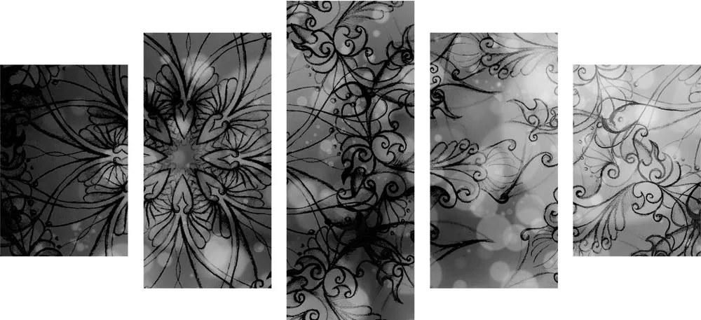 Quadri 5 pezzi – Mandala floreale in bianco e nero