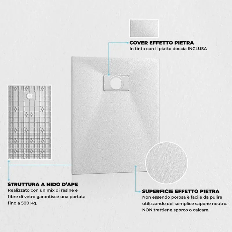 Piatto doccia in resina 80x180 cm Bianco effetto pietra Agorà