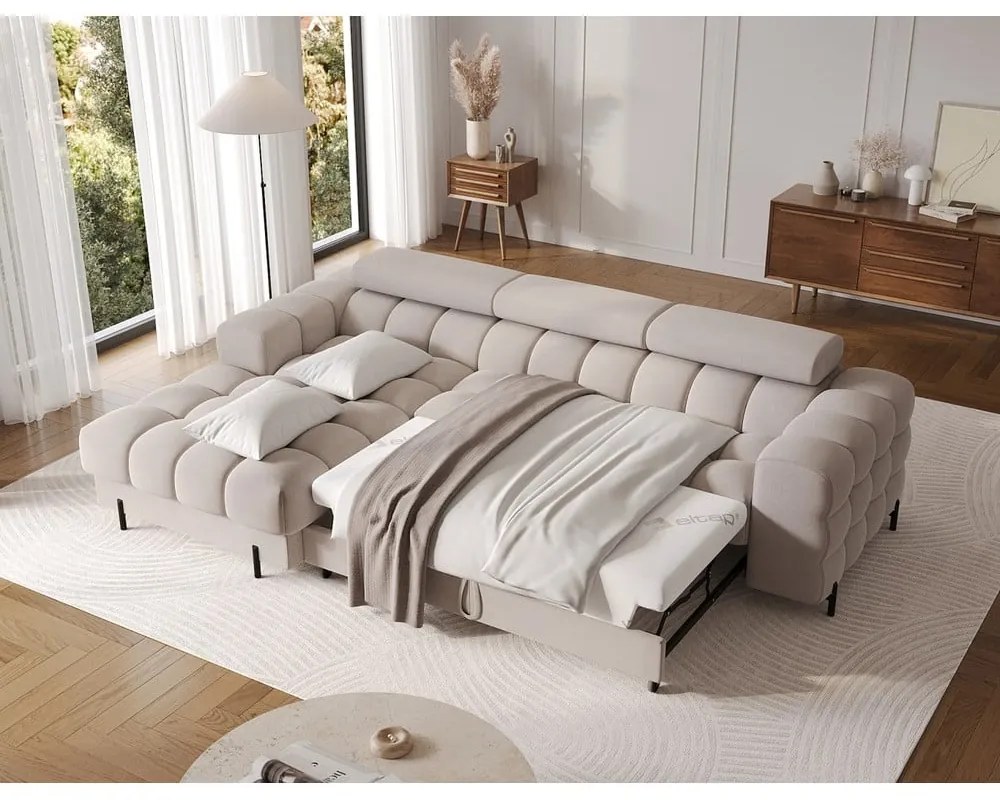 Divano angolare beige allungabile/con contenitore (con penisola a sinistra/con chaise lounge) e rivestimento in velluto Felro – ELTAP