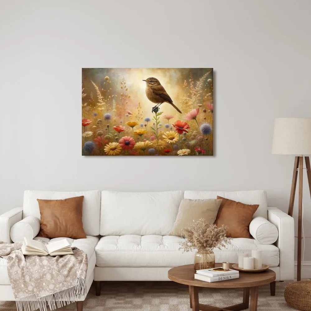 Quadro su tela – Prato estivo con uccellino