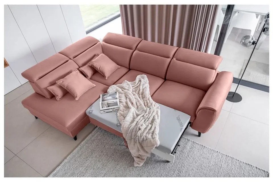 Divano angolare rosa allungabile/con contenitore (con penisola a destra/a L) e rivestimento in velluto Noble – ELTAP