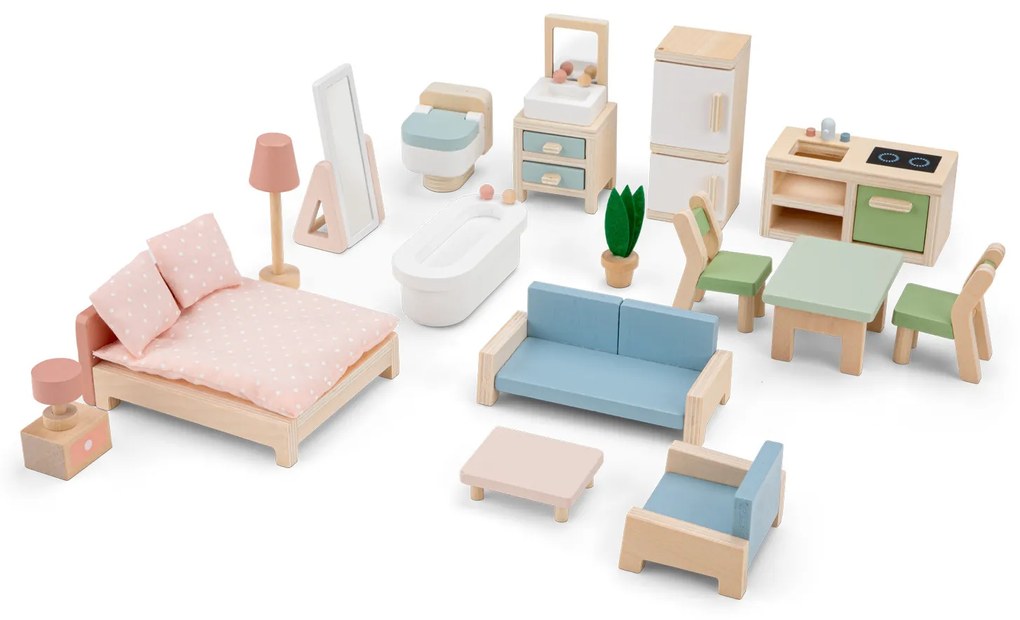 Casa delle bambole in legno con arredamento