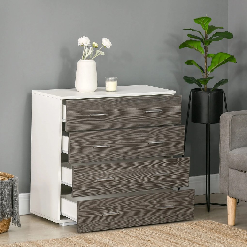 Cassettiera 4 Cassetti con Maniglie in Alluminio e Struttura in Legno 76x35x72 cm Bianco Grigio...