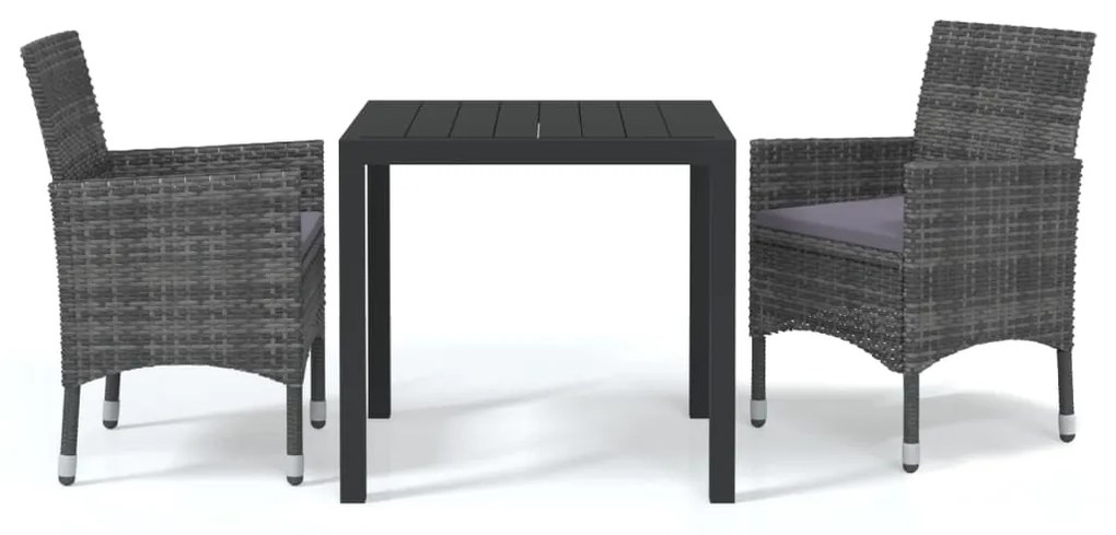 Set da pranzo per giardino 3 pz con cuscini polyrattan grigio