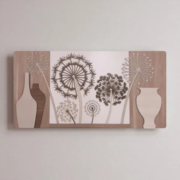 Quadro moderno 59x119 cm legni sovrapposti figura dente di leone