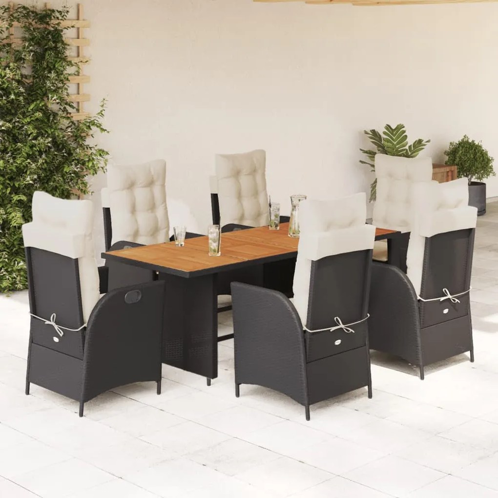 Set da pranzo da giardino 7 pz nero con cuscini in polyrattan