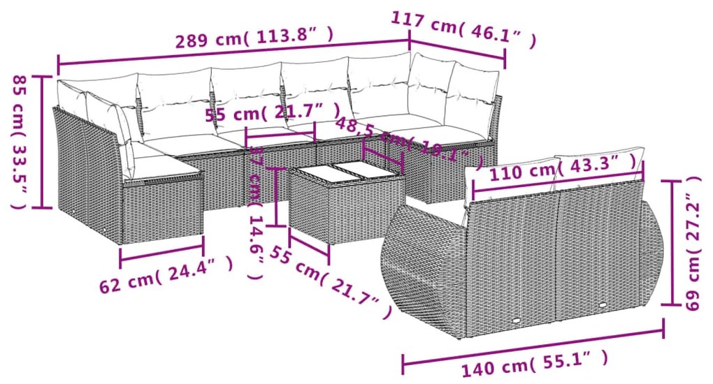 Set divano giardino 10 pz con cuscini grigio chiaro polyrattan