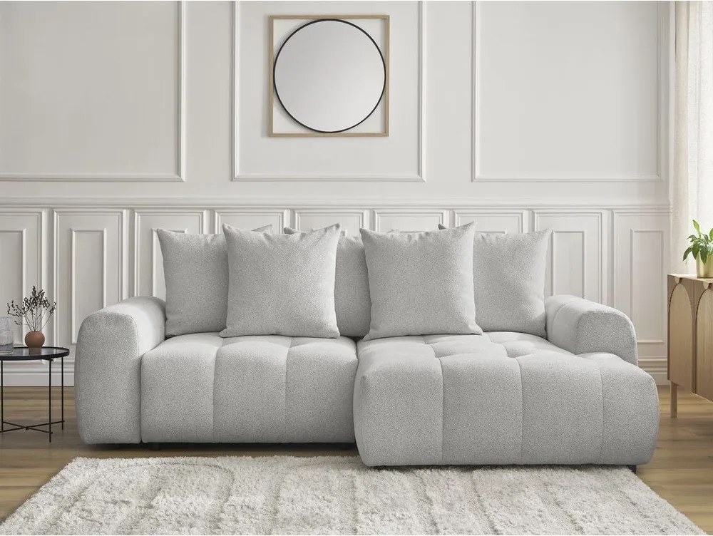 Divano angolare grigio chiaro allungabile/con contenitore (con penisola a destra/con chaise lounge) con rivestimento in ciniglia Roxelane – Bobochic Paris