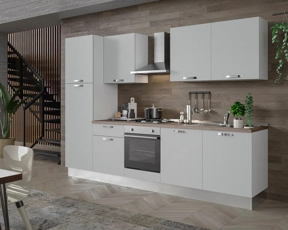 Cucina montata Dora bianco spatolato, lavello a sinistra, L 300 cm, completa di: cappa a camino, piano cottura a gas, forno e frigorifero