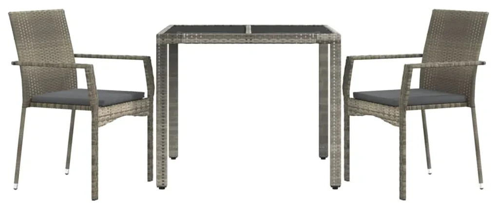 Set da pranzo da giardino 3 pz con cuscini in polyrattan grigio