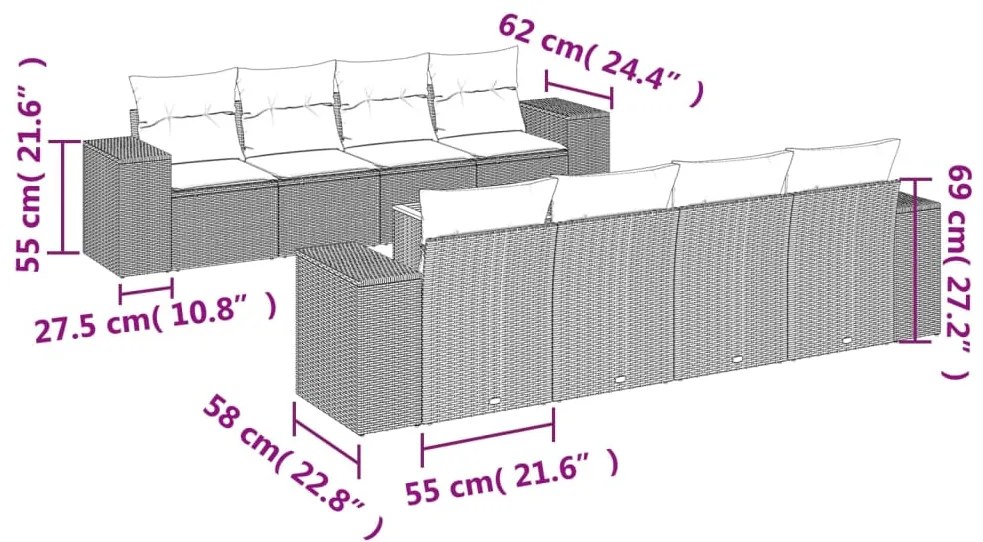 Set Divani da Giardino 9 pz con Cuscini Nero in Polyrattan