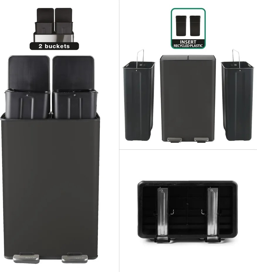 Cestino per la spazzatura nero opaco in acciaio per raccolta differenziata/con pedale 2x30 l Aliya – Spirella