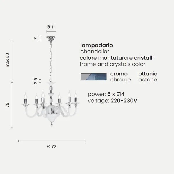 Lampada a sospensione GALA D72 cm in vetro lavorato a mano con dettagli in metallo 6 LUCI OTTANIO