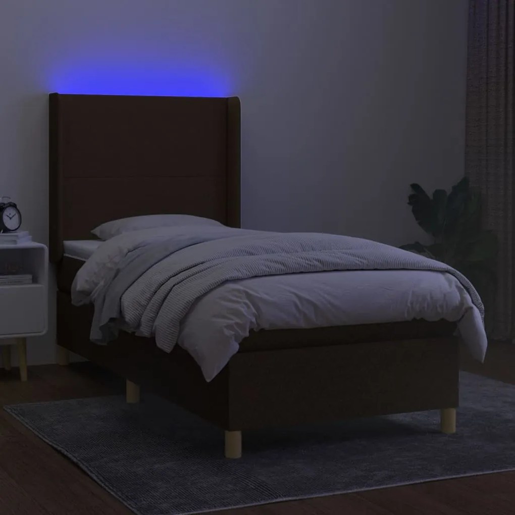 Letto a molle materasso e led marrone scuro 90x200cm in tessuto