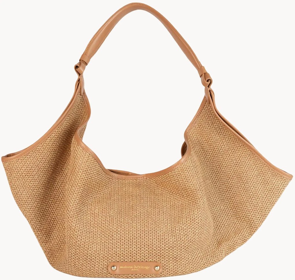 Borsa a spalla in paglia fatta a mano con manici in pelle Vela