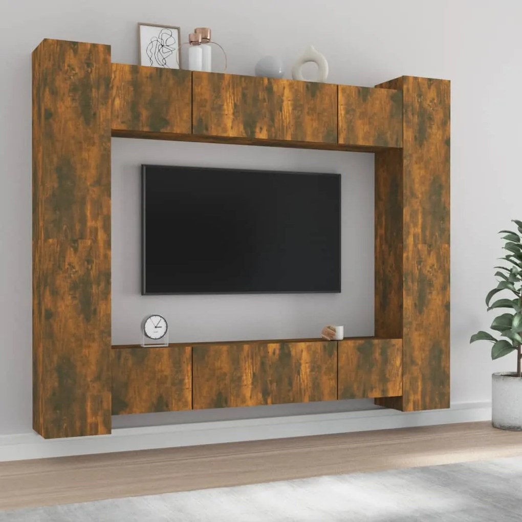 Set Mobili Porta Tv 8pz Rovere Fumo İn Legno Multistrato /