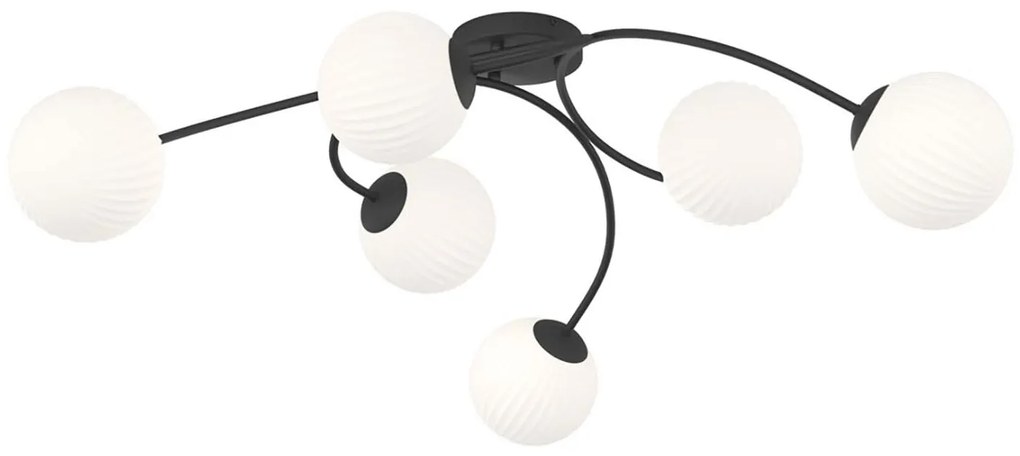 Plafoniera 6 Luci Loki In Acciaio Nero E Vetro Rigato A Sfera Bianco