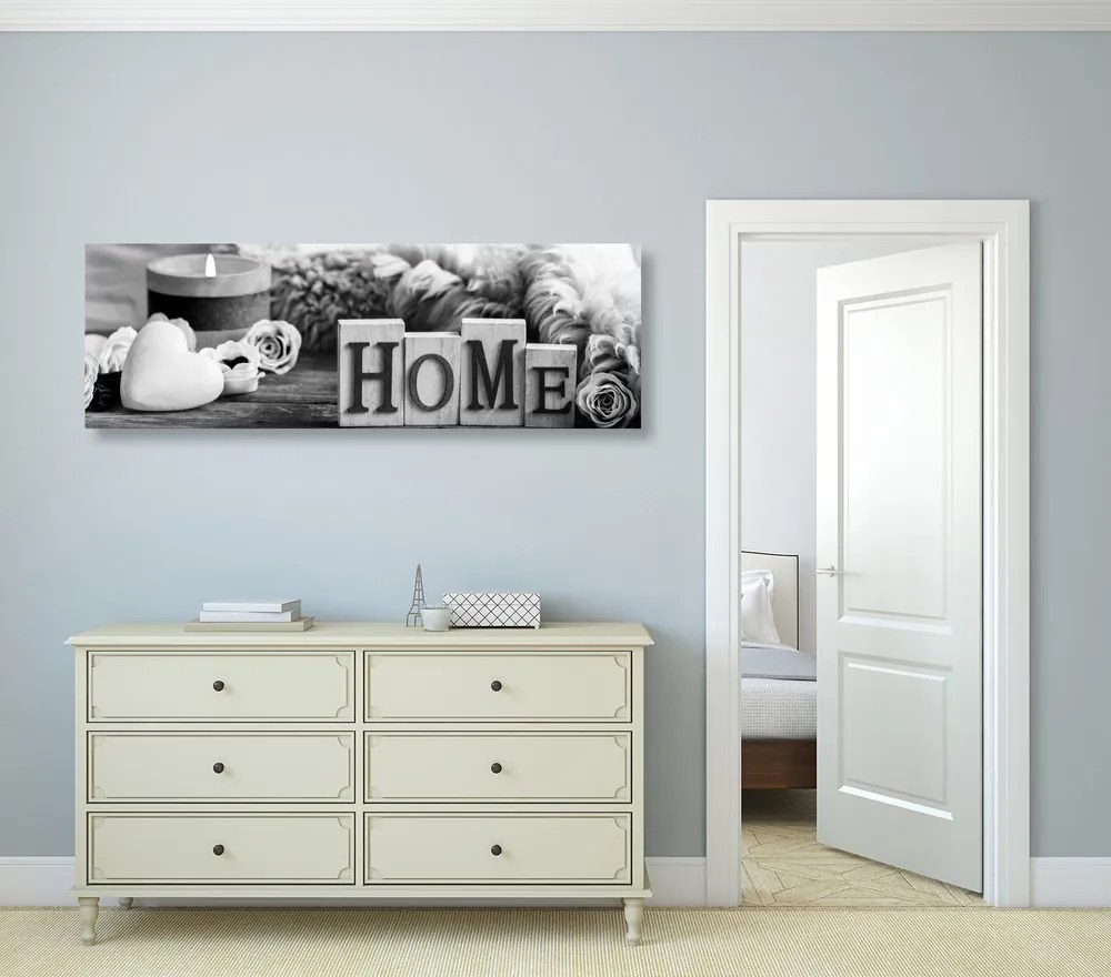 Quadro su tela – Natura morta con scritta Home in bianco e nero