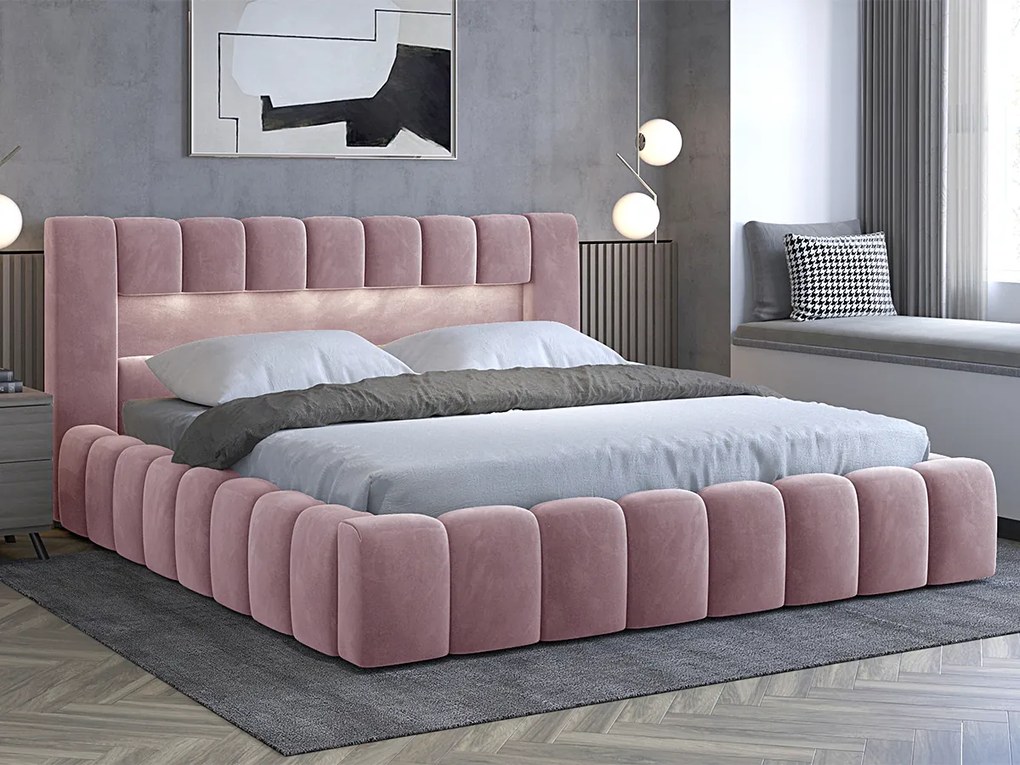 Letto matrimoniale con box contenitore Santander - 180 x 200 cm , Tessuto rosa