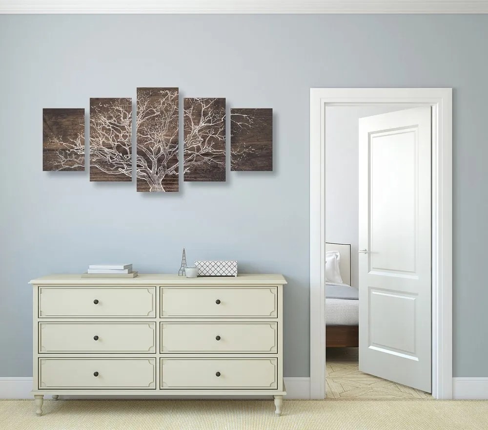 Quadri 5 pezzi – Corona dell'albero su sfondo di legno