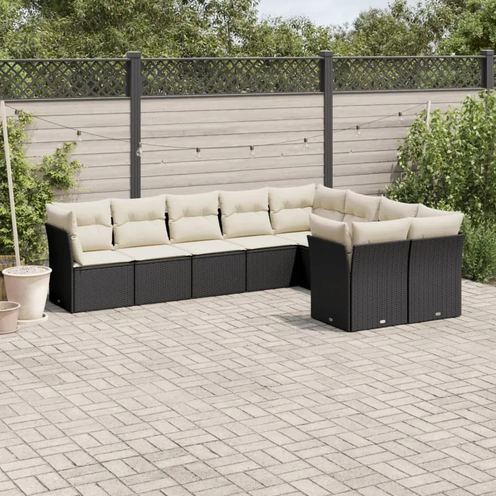 Set divani da giardino 9 pz con cuscini nero in polyrattan