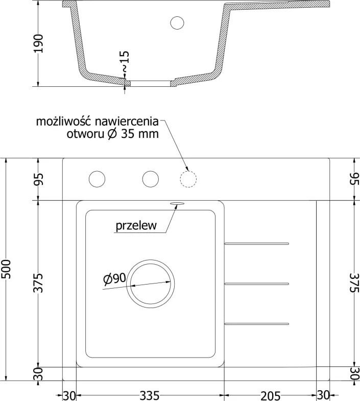 Mexen Ben lavello in granito 1-vasca con sgocciolatoio, sinistro 600 x 500 mm, bianco, sifone dorato - 6522605000-20-G