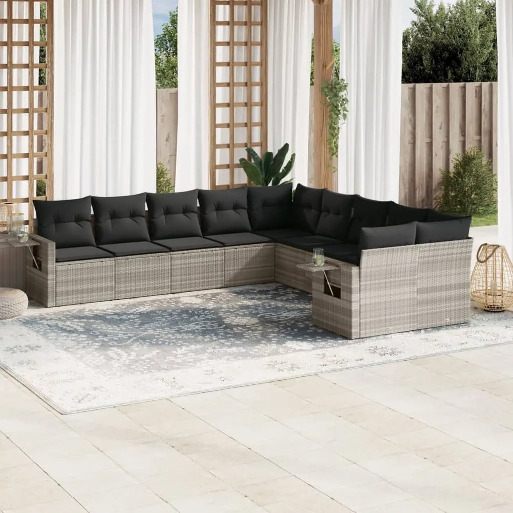 Set divano giardino 10 pz con cuscini grigio chiaro polyrattan